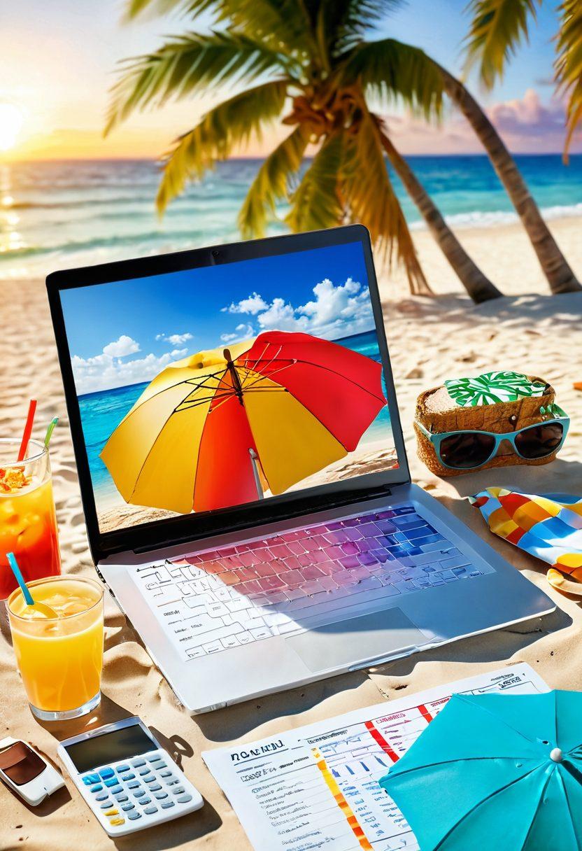 A summer-themed scene featuring a colorful beach umbrella shading a laptop with a financial budget spreadsheet open, surrounded by vibrant beach items like sunscreen and a tropical drink. Incorporate a sun setting in the background, symbolizing a balance between relaxation and financial responsibility. Include elements like dollar signs subtly integrated into the sand. watercolor style. vibrant colors. bright background.