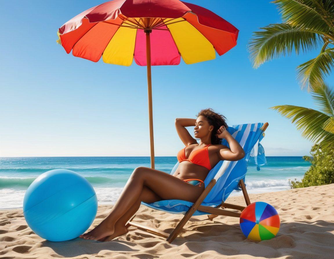 A serene beach scene showing a confident person of diverse body types lounging on a sunbed, surrounded by playful waves and a beach umbrella. In one hand, they hold a colorful beach ball with financial symbols like dollar signs and charts, while the other hand gestures towards a growing plant symbolizing financial growth. The background features a clear blue sky, sun rays, and a distant horizon where the shore meets the ocean. vibrant colors. super-realistic.