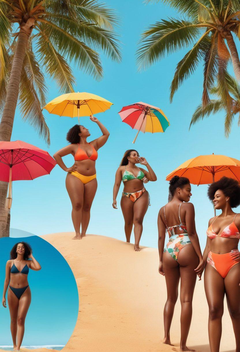 A vibrant collage showcasing a sunny beach scene with diverse beachwear models celebrating body positivity, transitioning into an urban setting with people of various body types engaging in financial activities like budgeting and discussing balance sheets. Include elements like sunny skies, palm trees, beach umbrellas on one side, and city buildings with charts and calculators on the other, symbolizing the connection between fun and responsibility. super-realistic. vibrant colors. dynamic composition.